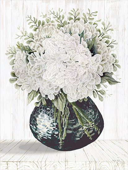 Cindy Jacobs CIN4609 - CIN4609 - Whispers of Ivory - 12x16 watercolor white hydrangeas, floral bouquet in dark green vase, rustic wood background, still life flowers, greenery accents, farmhouse floral decor, soft neutral palette, botanical painting, elegant home decor from Penny Lane