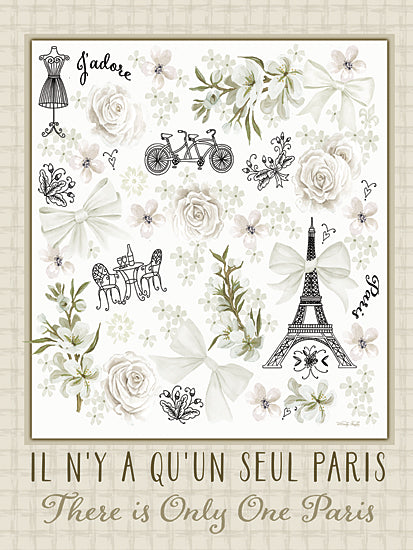 Cindy Jacobs CIN4618 - CIN4618 - The Parisian Life - 12x16 Paris themed collage, Eiffel Tower illustration, French decor, 'There is Only One Paris', 'Il n'y a qu'un seul Paris', vintage Paris ephemera, watercolor florals, white roses, green botanical accents, bows, dress form, bicycle, café table, romantic Parisian style, shabby chic, travel theme, France wall art, whimsical mixed media from Penny Lane