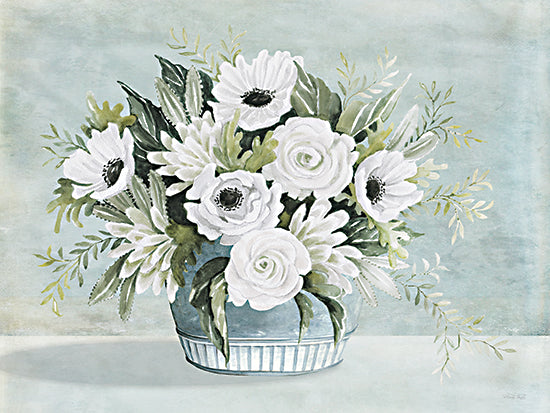 Cindy Jacobs CIN4635 - CIN4635 - Blooms and Promises I - 16x12 white floral bouquet, watercolor flowers, anemones, roses, daisies, greenery leaves, mint green background, floral arrangement in bowl vase, spring decor, soft painterly style, cottagecore floral, botanical art, fresh blooms, light airy palette, feminine florals, nature inspired wall art from Penny Lane