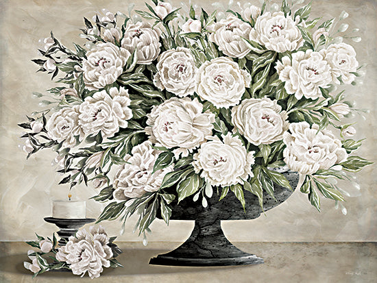 Cindy Jacobs CIN4637 - CIN4637 - Abundant Peonies - 16x12 white peony centerpiece, large floral arrangement, neutral beige background, still life on pedestal bowl, romantic cottage florals, painterly brush strokes, soft vintage style, elegant home decor, cream flowers, green foliage, candle accent, classic floral art, neutral palette, shabby chic from Penny Lane