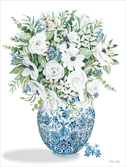 Cindy Jacobs CIN4679 - CIN4679 - Ivory Embrace - 12x16 blue and white chinoiserie vase, watercolor floral bouquet, white anemones, blue accent flowers, greenery foliage, ginger jar style, classic blue porcelain, floral still life, grandmillennial decor, traditional meets modern, crisp white background, elegant botanical art, spring arrangement, cottage chic from Penny Lane