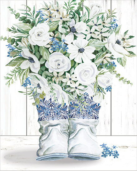 Cindy Jacobs CIN4680 - CIN4680 - Boots and Blooms - 12x16 blue and white floral arrangement, white roses, anemones, ranunculus, watercolor bouquet, chinoiserie pattern, ginger jar style, blue floral boot vase, farmhouse decor, spring flowers, greenery leaves, delicate petals, soft pastel, botanical illustration, cottagecore, shabby chic, neutral background, rustic wood panel backdrop, painterly style from Penny Lane