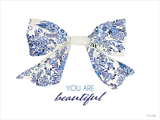 Cindy Jacobs CIN4681 - CIN4681 - You Are Beautiful - 16x12 blue and white bow, floral toile pattern ribbon, watercolor bow illustration, feminine decor, inspirational quote, you are beautiful text, hand lettering, elegant script typography, minimal white background, chinoiserie style, cottage chic, soft blue palette, gift bow, decorative accent, modern farmhouse wall art from Penny Lane