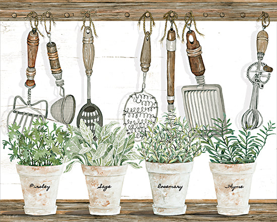 Cindy Jacobs CIN4704 - CIN4704 - Kitchen Herbs - 16x12 potted herbs, parsley, sage, rosemary, thyme, terracotta pots, hanging kitchen utensils, vintage cooking tools, rustic shelf, herb garden, farmhouse kitchen, watercolor still life, hand painted herbs, wooden rail, culinary herbs, kitchen wall art, country kitchen decor, garden pots, botanical greenery, antique utensils, cottage kitchen, cooking ingredients, neutral palette, herb labels, modern farmhouse decor from Penny Lane