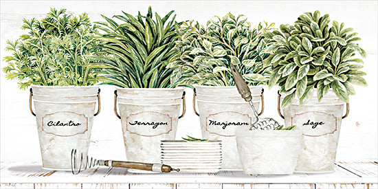 Cindy Jacobs CIN4705 - CIN4705 - Herb Pots in a Row - 18x9 herb buckets, cilantro, tarragon, marjoram, sage, metal buckets, potted herbs, kitchen shelf, vintage whisk, stacked plates, herb garden, culinary herbs, watercolor kitchen still life, hand painted farmhouse decor, fresh herbs, rustic white wood background, country kitchen art, garden containers, botanical greenery, cooking ingredients, neutral tones, herb labels, modern farmhouse, cottage kitchen, decorative wall art from Penny Lane