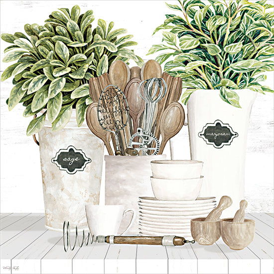 Cindy Jacobs CIN4706 - CIN4706 - Culinary Corner - 12x12 sage and marjoram, potted herbs, kitchen utensil crock, wooden spoons, whisk, wire masher, stacked dishes, white cups, rolling whisk, mortar and pestle, watercolor still life, farmhouse kitchen decor, culinary herbs, green herb plants, rustic white background, hand painted kitchen art, neutral kitchen palette, country cooking, botanical greenery, vintage utensils, herb labels, decorative food art, cottage style from Penny Lane