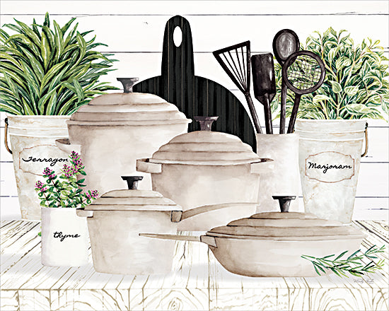 Cindy Jacobs CIN4731 - CIN4731 - Garden to Table - 16x12 home spaces, botanical, still life, kitchen, greenery, leaves, cooking utensils, pots & pans, herbs, rosemary, thyme, marjoram, modern farmhouse, decorative, watercolor, neutral from Penny Lane