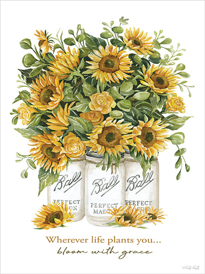 Cindy Jacobs CIN4745 - CIN4745 - Bloom with Grace Sunflowers - 12x16 botanical, still life, typography, floral, greenery, inspirational, word art, sunflowers, mason jars, eucalyptus, quote, arrangement, decorative, modern farmhouse, watercolor, yellow from Penny Lane