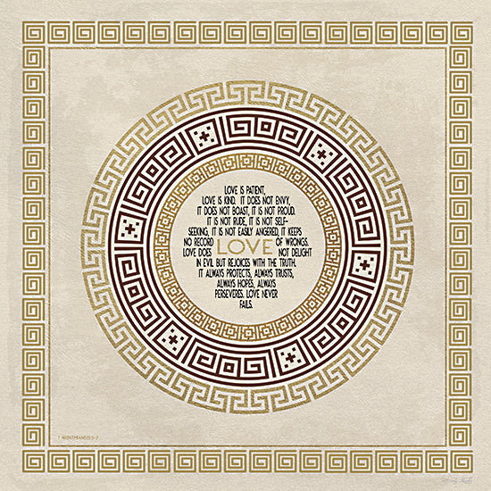 Cindy Jacobs CIN4770 - CIN4770 - Greek Key Love is Patient - 12x12 Greek key frame with circular medallion, inspirational scripture quote 1 Corinthians 13:4-7, LOVE typography, neutral beige background, gold and burgundy accents, decorative border, wedding gift art, faith based wall decor, classical motif, textured paper look from Penny Lane