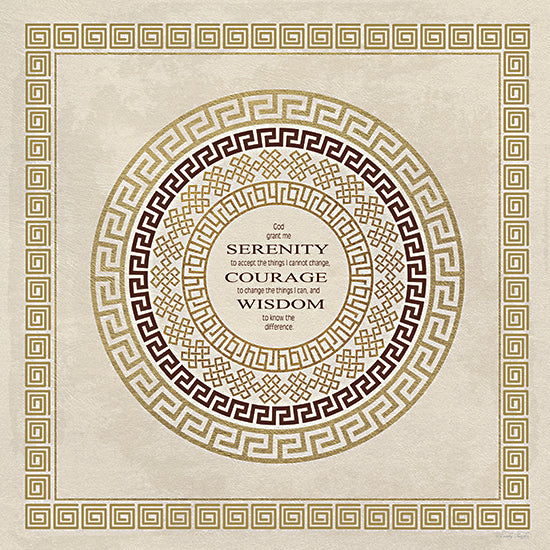 Cindy Jacobs CIN4771 - CIN4771 - Greek Key Serenity - 12x12 Greek key border and circular medallion, Serenity Prayer quote, SERENITY COURAGE WISDOM typography, neutral beige background, gold and burgundy accents, inspirational faith decor, textured paper look, classical motif, decorative pattern frame from Penny Lane