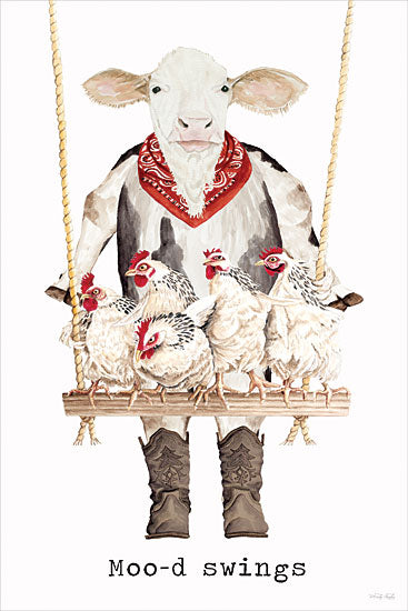 Cindy Jacobs CIN4781 - CIN4781 - Moo-d Swings - 12x16 animals, typography, western, farm animals, humor, cow, chicken, swing, cowboy boots, bandana, farm, pun, whimsical, modern farmhouse, watercolor, white from Penny Lane
