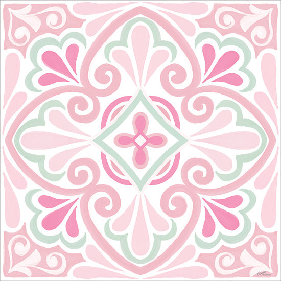 Cat Thurman Designs CTD300 - CTD300 - Pink Tile - 12x12 pastel ornamental tile pattern, pink mint medallion, abstract decorative motif, feminine geometric design, hand painted pattern art, soft blush and green palette, symmetrical wallpaper style, boho decorative print, contemporary pastel ornament, scrolling flourishes, tiled medallion artwork, sweet feminine decor from Penny Lane