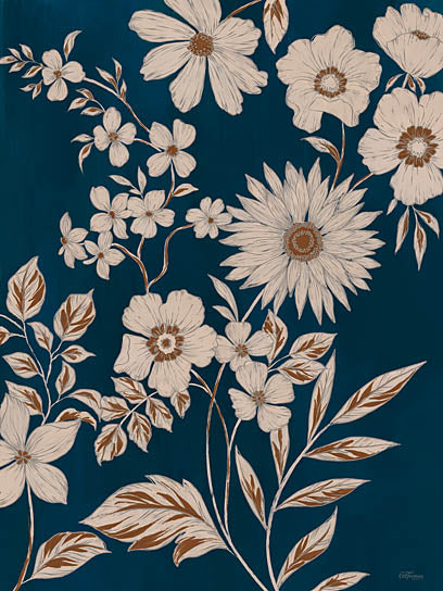 Cat Thurman Designs CTD374 - CTD374 - Sophisticated Blooms - 12x16 navy blue floral illustration, white flowers with brown accents, botanical pattern, elegant wallpaper design, modern botanical art, floral silhouette, minimalist decor from Penny Lane