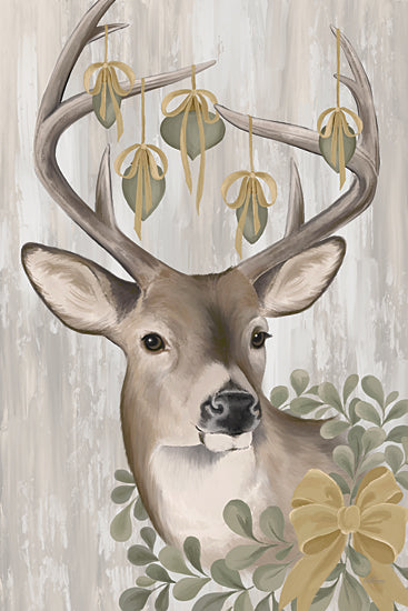Cat Thurman Designs CTD379 - CTD379 - Decorated Reindeer - 12x18 deer with ornaments, antler decor, Christmas ribbons, festive deer portrait, green and gold color scheme, rustic holiday theme from Penny Lane