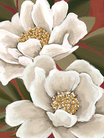 Cat Thurman Designs CTD393 - CTD393 - Peony Pair - 12x16 white magnolia flowers, red background, botanical bloom, close-up flower painting, textured petals, floral centerpiece, southern flowers, green leaves, oil-paint effect from Penny Lane