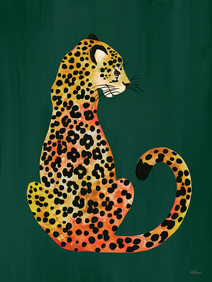 Cat Thurman Designs CTD437 - CTD437 - Watchful Wildcat - 12x16 cheetah illustration, spotted big cat, wildlife animal art, sitting cheetah profile, watercolor texture, orange yellow red gradient, dark green background, modern nursery decor, safari theme, jungle animal, whimsical wildlife, contemporary animal print, bold color block from Penny Lane