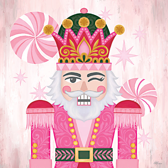 Cat Thurman Designs CTD444 - CTD444 - Pink Sugar Plum Nutcracker - 12x12 pink nutcracker, Christmas nutcracker king, holiday character, whimsical toy soldier, candy peppermint background, pink and gold crown, winking face, festive Christmas decor, feminine holiday art, pastel Christmas, modern folk style, seasonal illustration, winter holiday from Penny Lane