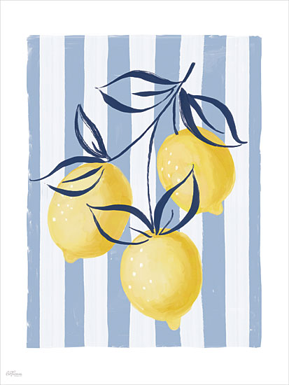 Cat Thurman Designs CTD473 - CTD473 - Stripes and Sunshine I - 12x16 food & drink, botanical, backgrounds & patterns, fruit & vegetables, leaves, lemon, citrus, striped, decorative, whimsical, digital illustration, blue from Penny Lane