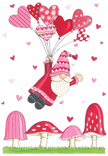 Deb Strain DS2398 - DS2398 - Valentine Gnome with Balloons - 12x16 Valentine gnome, heart balloons, pink hearts, whimsical gnome, love theme, Valentine decor, cute holiday art, red and pink palette, mushrooms, playful illustration, romantic seasonal design, floating gnome, folk style character, sweet nursery art, feminine Valentine wall art, charming holiday decor, heart themed artwork from Penny Lane