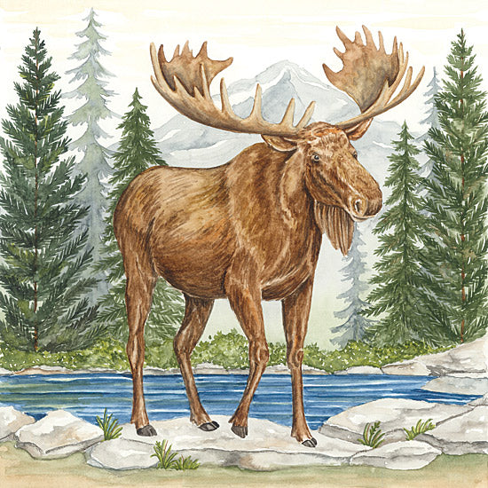 Deb Strain DS2403 - DS2403 - Moose in Forest - 12x12 watercolor moose, large antlers, standing by blue lake, evergreen forest, mountain background, rocky shoreline, lodge wildlife art, rustic woodland animal, majestic moose portrait, cabin decor, nature landscape from Penny Lane