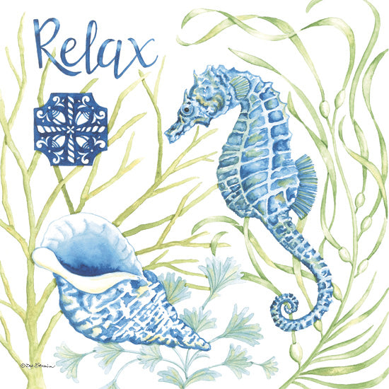 Deb Strain DS2423 - DS2423 - Seaside Relax - 12x12 blue seahorse, sea shell, coral, underwater plants, word relax, coastal decor, marine life, watercolor art, oceanic illustration, blue and green palette from Penny Lane