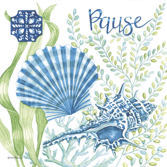 Deb Strain DS2428 - DS2428 - Seaside Pause - 12x12 blue seashells, coral reef, green seaweed, word pause, underwater plants, ocean theme, marine decor, watercolor painting, relaxing beach art from Penny Lane