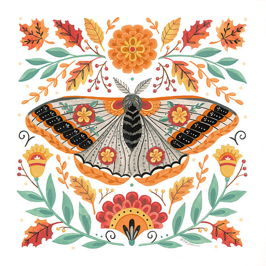 Deb Strain DS2436 - DS2436 - Autumn Folk Friends - Moth - 12x12 moth, butterfly moth, floral moth, autumn insects, folk art insect, fall leaves, symmetrical wings, botanical accents, woodland nature art, whimsical bug illustration, harvest colors, decorative moth design, orange floral motifs, seasonal wall decor, entomology inspired art, cottage folk style, nature themed illustration from Penny Lane