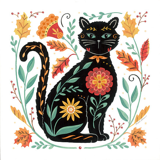 Deb Strain DS2437 - DS2437 - Autumn Folk Friends - Cat - 12x12 black cat, floral cat, autumn cat art, folk art cat, Halloween cat, whimsical feline, fall leaves, green eyes, decorative pet illustration, harvest palette, seasonal wall decor, cottage folk style, black kitty silhouette, botanical accents, playful Halloween decor, cozy autumn artwork, cat lover art from Penny Lane