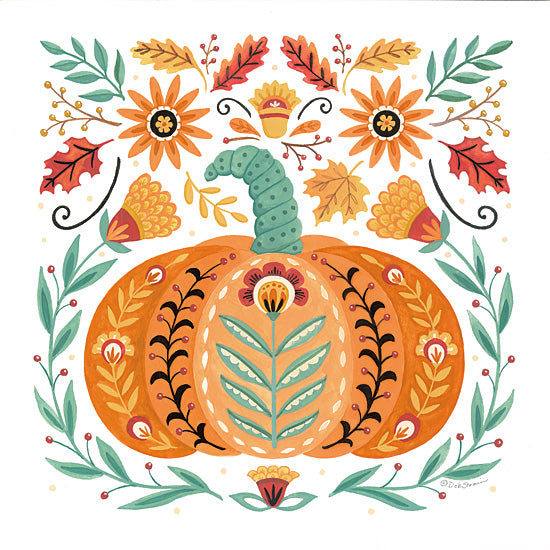 Deb Strain DS2439 - DS2439 - Folk Floral Pumpkin II - 12x12 pumpkin, floral pumpkin, autumn harvest art, large orange pumpkin, folk art pumpkin, fall flowers, leaves and vines, thanksgiving decor, whimsical harvest illustration, cottage style seasonal art, vegetable themed wall decor, bright fall palette, botanical pumpkin design, decorative autumn artwork, rustic folk motifs from Penny Lane