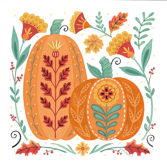 Deb Strain DS2440 - DS2440 - Folk Floral Pumpkin III - 12x12 pumpkins, floral pumpkins, stacked harvest pumpkins, autumn folk art, orange and peach pumpkins, fall leaves, botanical vines, thanksgiving decor, whimsical seasonal wall art, vegetable illustration, cottage harvest style, bright fall colors, decorative pumpkin composition, rustic autumn home decor, cheerful folk motifs from Penny Lane