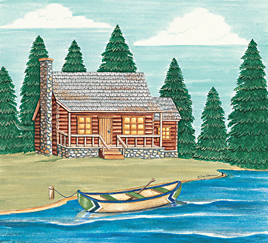 Deb Strain DS2486 - DS2486 - Log Cabin by the Lake - 12x12 landscape, lake & lodge, lakes, trees, cabin, canoe, pine trees, chimney, shoreline, folk art, decorative, watercolor, multicolor from Penny Lane