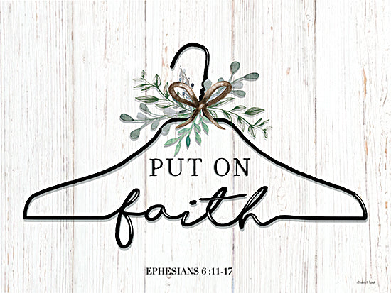 Elizabeth Tyndall ET295 - ET295 - Put On Faith - 16x12 Religious, Hanger, Greenery, Put on Faith, Ephesians, Bible Verse, Typography, Signs, Textual Art, Wood Plank Background from Penny Lane