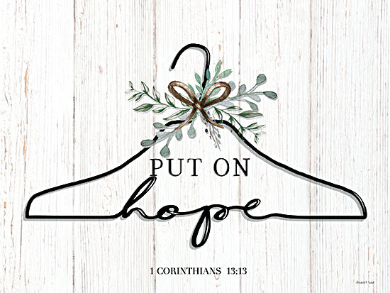 Elizabeth Tyndall ET296 - ET296 - Put On Hope - 16x12 Religious, Hanger, Greenery, Put on Hope, 1 Corinthians, Bible Verse, Typography, Signs, Textual Art, Wood Plank Background from Penny Lane