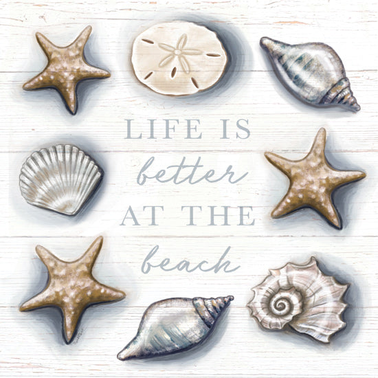 Elizabeth Tyndall ET320 - ET320 - Life is Better at the Beach - 12x12 Coastal, Life is Better at the Beach, Typography, Signs, Textual Art, Seashells, Sand Dollar, Starfish, Wood Plank Background from Penny Lane