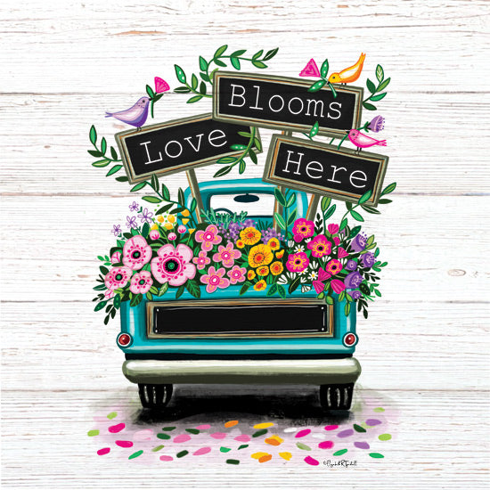 Elizabeth Tyndall ET356 - ET356 - Love Blooms Here Truck - 12x12 Spring, Flowers, Flower Truck, Truck, Spring Flowers, Birds, Inspirational, Love Blooms Here, Typography, Signs, Textual Art from Penny Lane