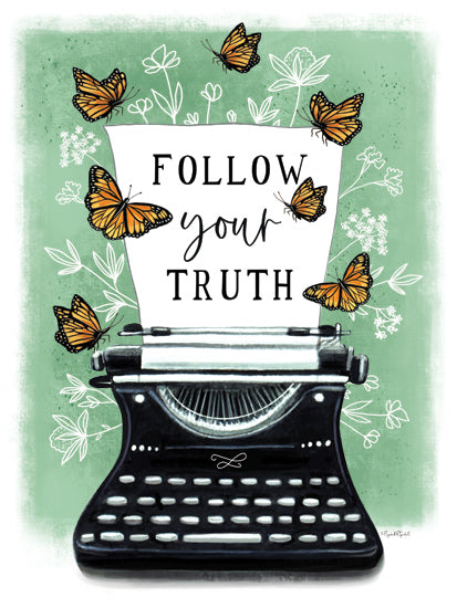 Elizabeth Tyndall ET369 - ET369 - Follow Your Truth - 12x16 follow your truth, typewriter illustration, butterflies, monarch butterflies, inspirational quote, vintage typewriter, green background, botanical doodles, whimsical motivational art, writer gift, creative inspiration, nature elements, modern mixed media from Penny Lane