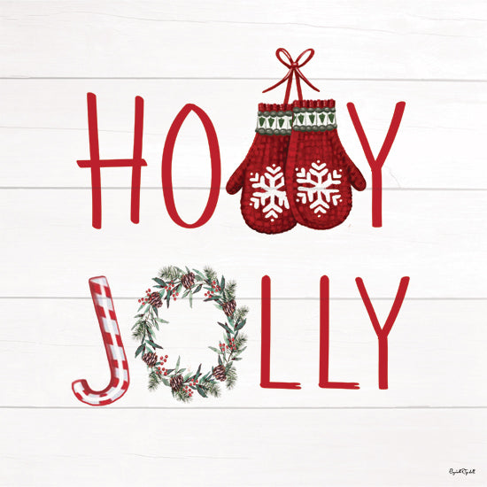 Elizabeth Tyndall ET505 - ET505 - Holly Jolly - 12x12 Holly Jolly text, Christmas typography, mittens, candy cane, wreath, red festive colors, playful design, holiday cheer, rustic background, whimsical font from Penny Lane