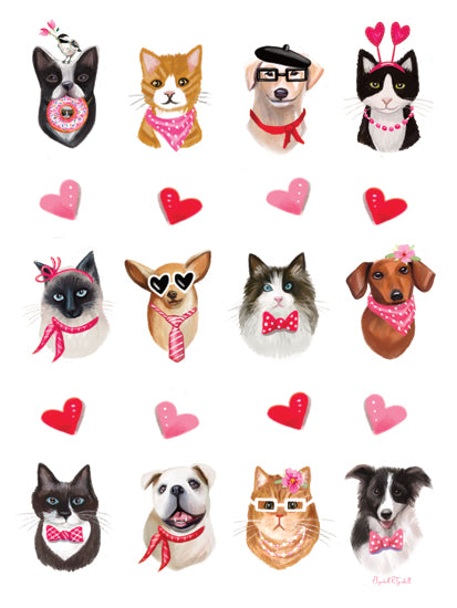 Elizabeth Tyndall ET565 - ET565 - Happy Hearts Dogs and Cats - 12x16 valentine pets, pet portraits, dog and cat faces, whimsical animals, hearts, pink accessories, bandanas, bow ties, glasses, beret, flower crown, donut, cute pet expressions, playful pet characters, gray background, hand-painted illustration, feminine decor, nursery art, pet lover gift, holiday animal art, watercolor style from Penny Lane