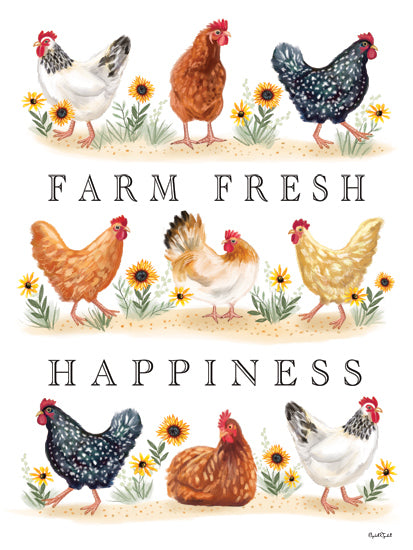 Elizabeth Tyndall ET587 - ET587 - Farm Fresh Happiness - 12x16 farm fresh happiness, chickens, hens and rooster, sunflowers, farmhouse sign, country kitchen decor, barnyard birds, rustic farm art, hand-painted poultry illustration, white background, decorative typography, country living, fresh eggs theme, whimsical farmhouse wall art, rustic sign design from Penny Lane