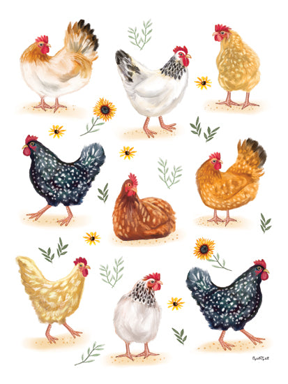 Elizabeth Tyndall ET589 - ET589 - Chickens - 12x16 farmhouse chicken pattern, assorted hens, poultry illustration, country farmhouse decor, barnyard birds, scattered floral accents, white background, rustic farm art, hand-painted chickens, decorative repeat-style composition, farmhouse kitchen wall art, whimsical country illustration, colorful hen collection from Penny Lane