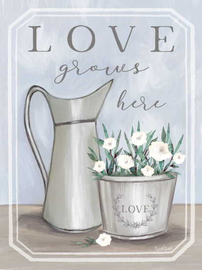 Elizabeth Tyndall ET608 - ET608 - Love Grows Here - 12x16 love grows here, floral still life, white flowers, metal pitcher, flower pot, soft blue background, farmhouse decor, inspirational quote, spring blossoms, rustic container, neutral palette, greenery stems, cottage style art, romantic wall decor, hand-painted brush strokes, shabby chic sign from Penny Lane