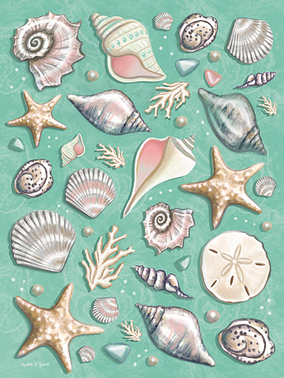 Elizabeth Tyndall ET622 - ET622 - Seashell Toss - 12x16 shells, starfish, sea coral, sand dollar, sea life, beach treasures, green background, coastal decor, pastel ocean art from Penny Lane