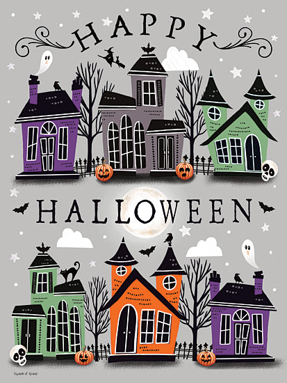 Elizabeth Tyndall ET632 - ET632 - Happy Halloween Spooky Houses - 12x16 Halloween, haunted houses, pumpkins, bats, witches, ghosts, spooky night, festive, seasonal decor, whimsical Halloween scene from Penny Lane