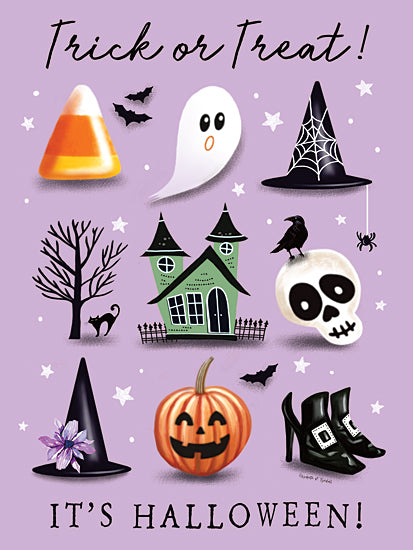 Elizabeth Tyndall ET635 - ET635 - Trick or Treat - 12x16 Trick or treat card, Halloween illustration, haunted house, pumpkin, candy corn, witch hat, ghost, crow, bats, festive decoration, playful design from Penny Lane