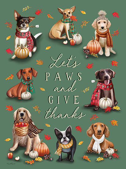 Elizabeth Tyndall ET638 - ET638 - Let's Paws and Give Thanks - 12x16 let's paws and give thanks, thanksgiving dogs, autumn pets, pumpkins, apples, scarves, fall leaves, whimsical dog illustration, green background, festive pet art, hand-painted seasonal sign, harvest decor, pet lover thanksgiving art, playful typography, cozy fall wall decor from Penny Lane