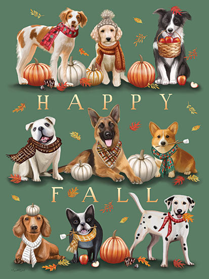 Elizabeth Tyndall ET639 - ET639 - Happy Fall Dogs - 12x16 happy fall dogs, autumn pets, pumpkins, apples, scarves, leaves, festive dog portraits, green background, whimsical pet art, fall sign, harvest decor, hand-painted seasonal illustration, cozy autumn wall art, playful dog characters, thanksgiving season artwork from Penny Lane