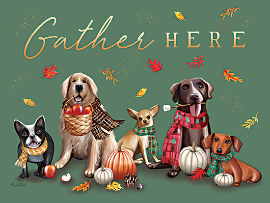 Elizabeth Tyndall ET641 - ET641 - Gather Here Dogs - 16x12 gather here, thanksgiving dogs, autumn pets, pumpkins, leaves, scarves, harvest gathering sign, green background, festive fall illustration, whimsical dog art, seasonal wall decor, hand-painted typography, cozy thanksgiving theme, pet lover holiday artwork from Penny Lane