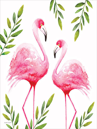 Elizabeth Tyndall ET644 - ET644 - Two Pink Flamingos - 12x16 animals, botanical, coastal, birds, wildlife, greenery, leaves, tropical, sea life, flamingo, palm leaves, exotic, tropical foliage, whimsical, painterly, watercolor, pink from Penny Lane