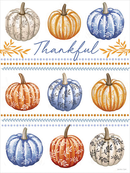 Elizabeth Tyndall ET645 - ET645 - Thankful Pumpkins - 12x16 thankful pumpkins, decorative pumpkin pattern, blue and orange pumpkins, botanical pumpkin design, white background, thanksgiving wall art, fall decor, harvest season, repeating pumpkin layout, hand-painted pumpkins, seasonal typography, grateful home decor, orange leaves, cottage fall style, whimsical autumn pattern, farmhouse thanksgiving from Penny Lane