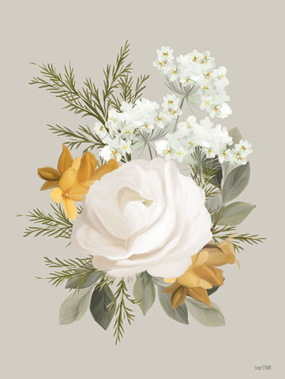 House Fenway FEN1201 - FEN1201 - Ferns and Forsythia III - 12x16 floral arrangement, botanical art, white rose, yellow flowers, greenery, nature inspired, rustic farmhouse style from Penny Lane